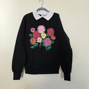 Vtg Grandmacore Collared Floral Sweatshirt Womens M Cottage 90s Boho Morning Sun
